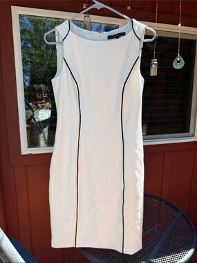 White House Black Market White Midi Dress with Black Piping